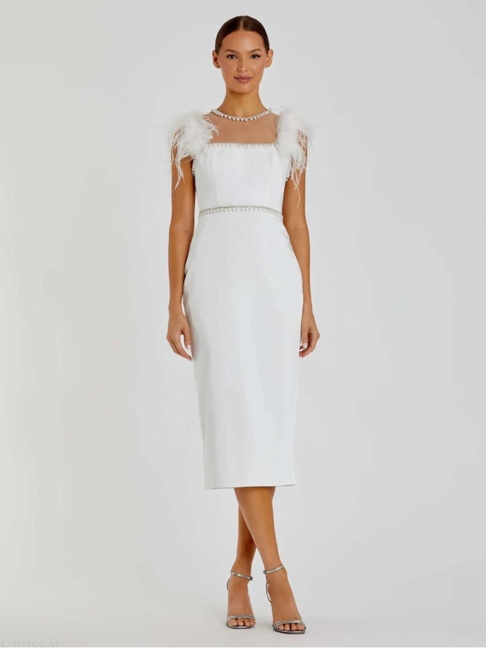 Mac Duggal 11438 Feather Cap Sleeve Pearl Embellished Tea-length Dress Sz 10 NWT